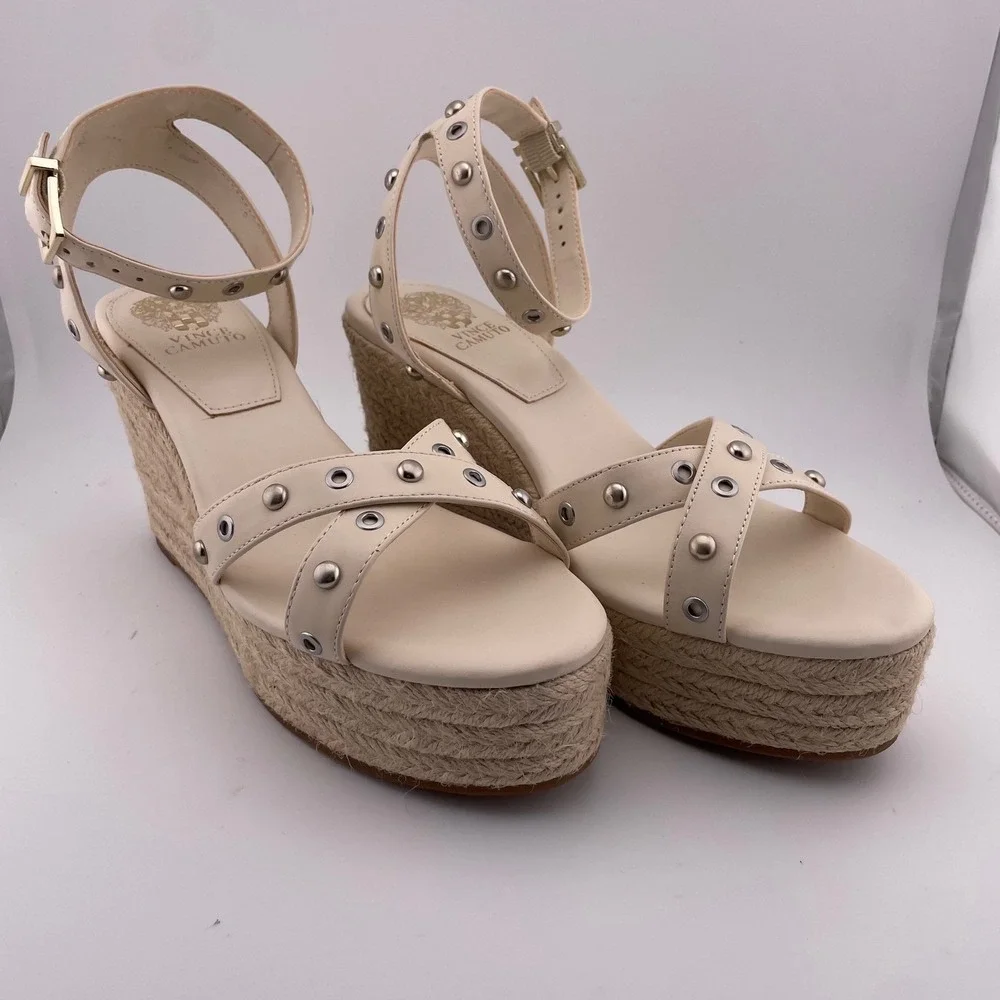 Vince Camuto Cream Studded Feegella Espadrille Wedge Sandals Women's Size‎ 8.5
